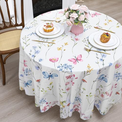 Image of Ganeen 6 Pcs Wildflower Plastic Tablecloth 84 Inch Spring Round Tablecloths Floral Theme Birthday Decor Disposable Plastic Round Waterproof Table Covers for Holiday Weeding Tea Decoration Party Favor