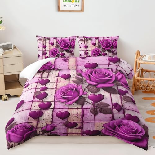 Image of AILONEN Purple Rose Comforter Set Full Size for Girls Women,Romantic Hearts Bedding Set for Bedroom Decor,3-Piece Cute Floral Quilt with 2 Pillowcases