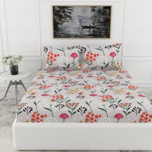 Image of LORETO - A QUALITY LINEN BRAND 144 TC 100% Pure Cotton Double /Queen Fitted Bedsheet with 2 Pillow Covers for 72 x 60 Inch Mattress, All-Around Elastic, 8 Inch Deep Pocket, Lavender Grey Spring Harmony