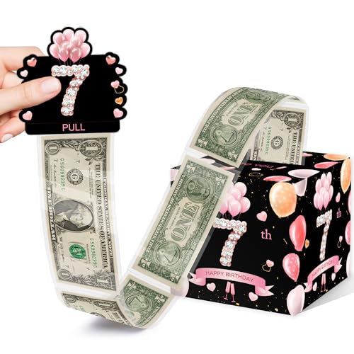 Happy 7th Birthday Money Box for Kids Boys Girls, Fun Way to Offer Cash Gift, Pink Gold...