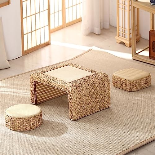 Table à thé en rotin japonais table basse rectangulaire bois 3 pièces