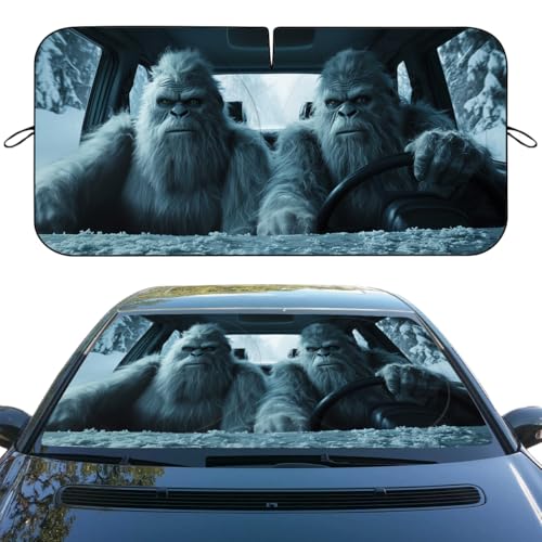 Funny Bigfoot Car Windshield Sunshades - Sasquatch Snow Monster Heatshield Front Window Sun Shade Blocks UV Rays - 59 L x 31.5 W