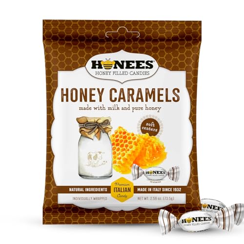 Honees Honey Caramels Hard Candy Individually Wrapped | Natural & Healthy Candy Italian Made with Milk & Pure Honey 1 Pack (2.59 oz)