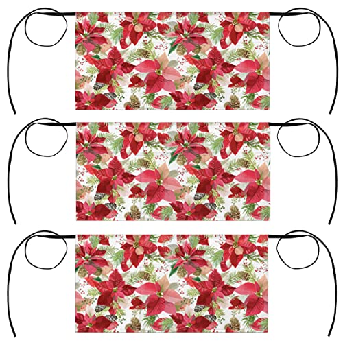 bisibuy 3 Pack Server Aprons with 3 Pockets, Red Floral Blossom Waitress Waiter Wasit Apron for Women Men Restaurant Bistro Cafe Bars Half Aprons Waitress Server Accessories