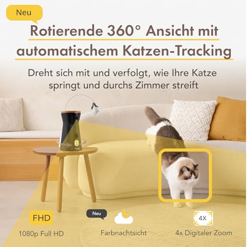 Furbo 360° Katzenkamera [Basic Kamera]: Haustierkamera mit App, Rotierende 360° Sicht, Farbnachtsicht, Tracking, Leckerliwurf, Miauen-Alarm UVM., der Favorit von Haustierbesitzern auf der ganzen Welt