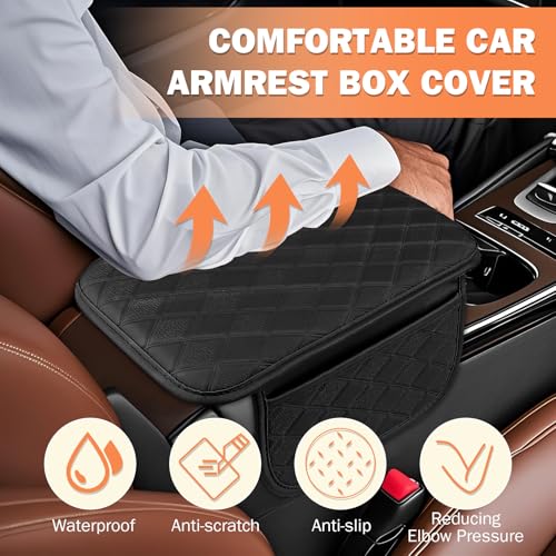 Pecihiko Car Center Console Cover, Upgraded Microfiber Leather Armrest Cover with 2 Storage Bags, Universal Car Arm Rest Cushion Pad Car Interior Accessories for Most Vehicle（Black） - Thumbnail 3