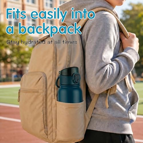 Image of GOPPUS Kids 12oz Insulated Stainless Steel Water Bottle, Leakproof Vacuum Tumbler with Carry Handle, Fits Cup Holders, Reusable Water Bottle for School Outdoor, Boys & Girls（Blue-green）