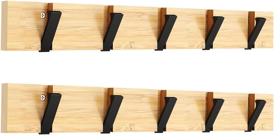 Wall Mounted Clothes Hangers 5 Retractable Hooks 20kg Load Bamboo Board Black Hooks 2pcs