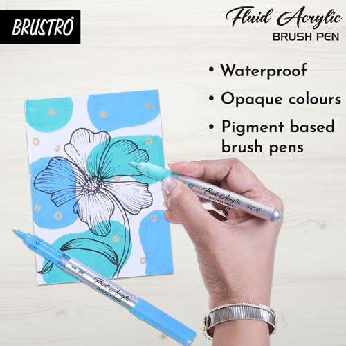 Image of BRUSTRO Fluid Acrylic Brush Pen | Set of 14 Basic Shades | Waterproof, Fast Drying, Opaque Colors, Highly Pigmented | Ideal for Colouring, Drawing, Doodling, Marker, Professional Art & Craft