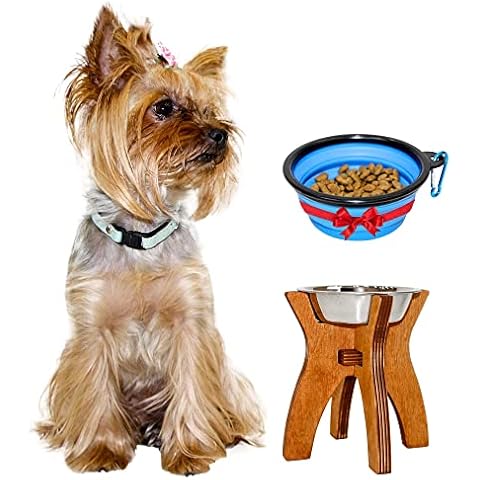 Dog raised bowls - Elevated dog feeder for small dogs - Collapsible 8" Dog bowl stand - Food and Water bowl with wood stand - 1 stainless steel bowl 14oz included - portable silicone pet feeder in set Cover