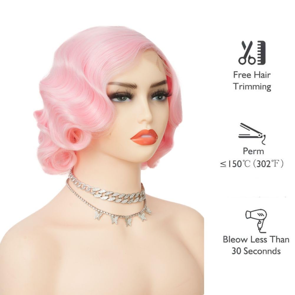 Pink Finger Wave Wigs for Women 1920s Wig Synthetic Heat Resistant Wigs Lace Front Cosplay Halloween Wig