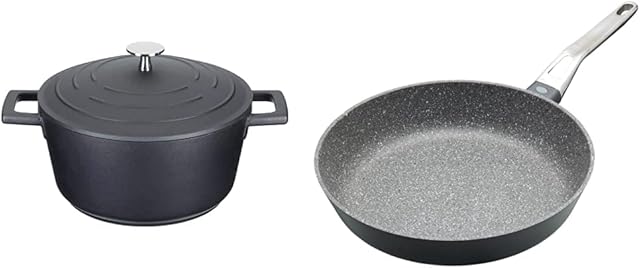 MasterClass Cast Aluminium Induction-Safe Non-Stick Casserole Dish with Lid, Black, 2.5 Litre, 20 cm & MasterClass Master Class Cast Aluminium Induction-Safe Non-Stick Frying Pan, 28 cm (11"), Grey