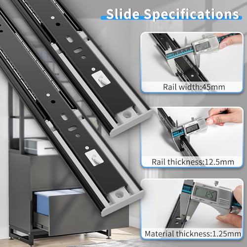 BAIDICE 1 Pair Push to Open Full Extension Drawer Slides 12 14 16 18 20 22 24 Inch 100 lb Load Capacity Side Mount Handleless Touch Open Ball Bearing Cabinet Rails Metal Runner Dresser Glide Black