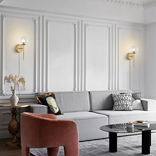 Image of BOKT 1 Light Brushed Gold Wall Sconce Light Set of Two Plug in Cord Mid Century Modern Globe Wall Sconce Set of 2 Plug in Clear Bubble Glass Bathroom Vanity Wall Lamp Plug in (Clear)