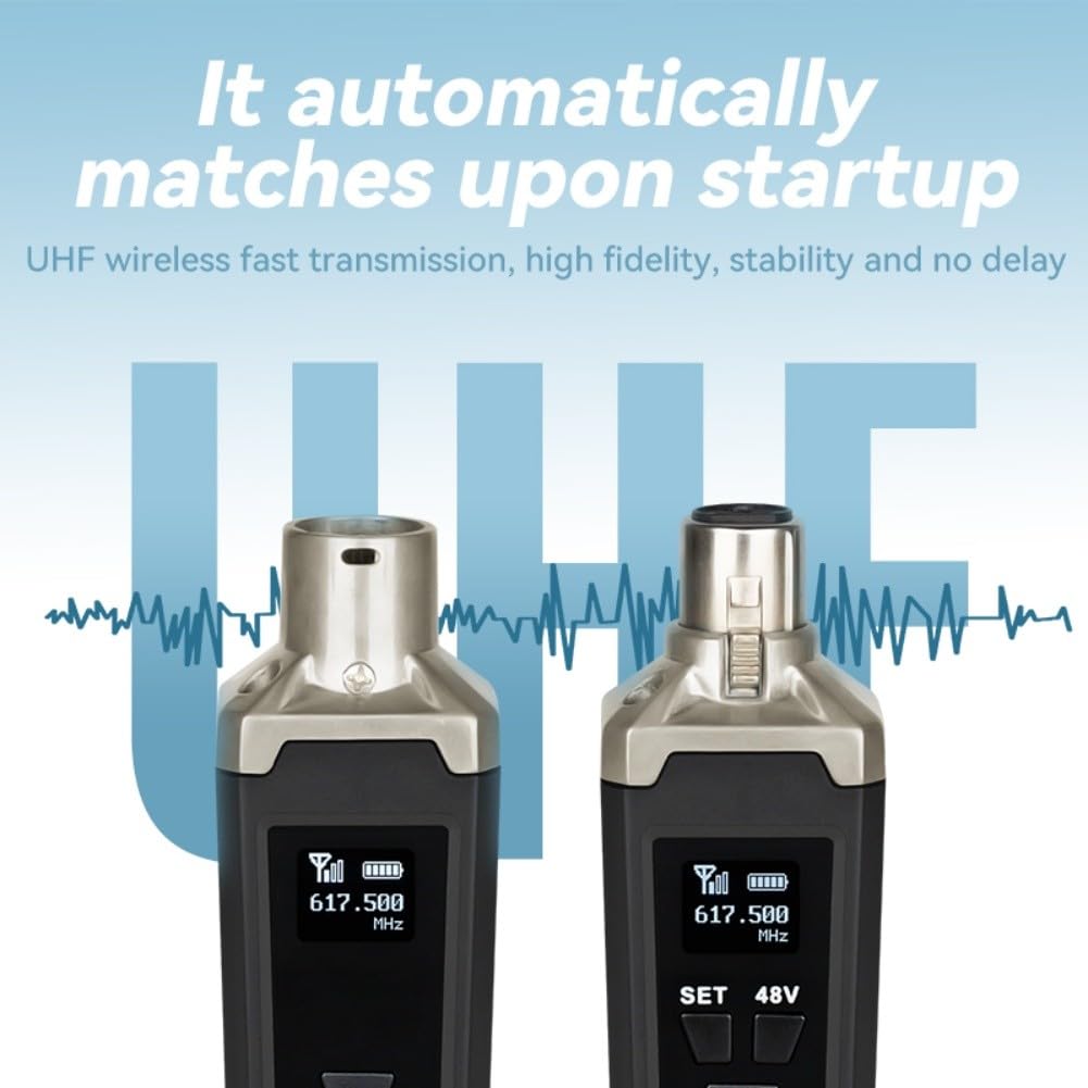 UHF Sistema Microfoni Wireless con Trasmettitore XLR Plug-On, Alimentazione 48V, Ricarica Tipo-C, Bassa Latenza per Microfoni Dinamici e a Condensatore, Nero
