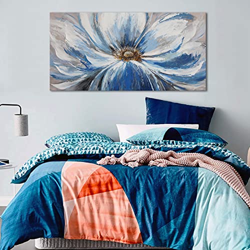 Image of Large Blue Wall Art Framed, White Blue Flower Canvas Wall Decor for Living Room Bedroom, Modern Botanical Floral Painting Picture Artwork, 29x58 Inch Big Size Ready to Hang