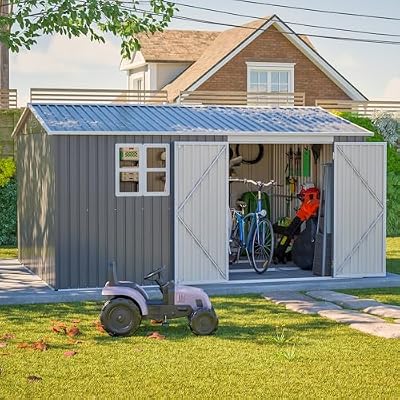 YOPTO 12x10 FT Outdoor Storage Shed,Metal Shed W/Window & Floor Frame,Garden Tool House W/Sloped Roof,Lockable Doors & Air Vents,for Backyard Patio Lawn,Gray