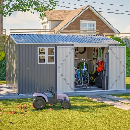 Image of YOPTO 12x10 FT Outdoor Storage Shed,Metal Shed W /Window & Floor Frame,Garden Tool House W /Sloped Roof,Lockable Doors & Air Vents,for Backyard Patio Lawn,Gray