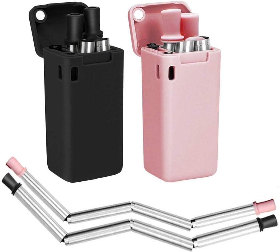 Reusable Straws Collapsible Stainless Steel Drinking Straws with Cleaning Brush Carrying Case Foldable Metal Straw for Outdoor Travel Party(Pack of 2）