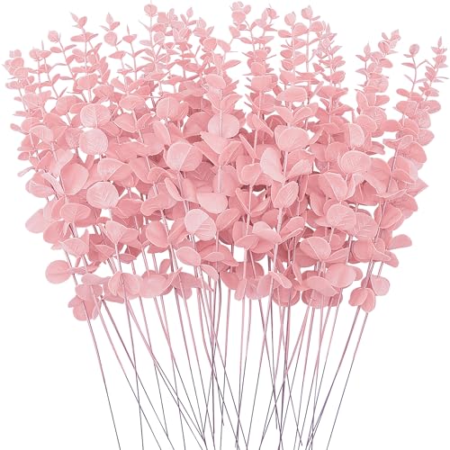 FEQO 36 Pcs Pink Eucalyptus Stems Artificial Leaves Faux Eucalyptus Stems Branches 15 inch for Wedding Bouquet Home Deco