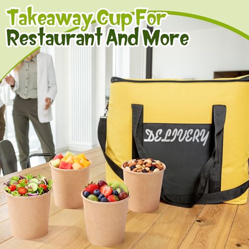 Image of Fulmoon 16 oz 100 Pack Paper Containers with Lids Soup Bowl Cup, Brown | Disposable Ice Cream Cup, Kraft Food Containers with Vented Lid Stackable for Hot Soup Dessert Cake Fruit Microwave Takeout