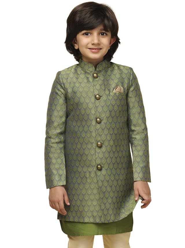 Kisah Kids Sherwani Cotton Blend Woven Design Indo-Western Sherwani For Kids, Green, 7-8 Years