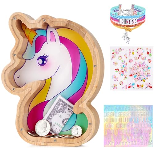 WERNNSAI Wooden Piggy Bank for Kids Unicorn Unbreakable Coin Money Bank with DIY Alphabet Stickers Unicorn Bracelet and Stickers for Girls Children's Name Personalized