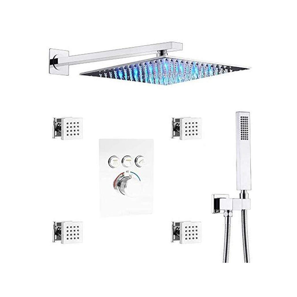 OZBMA Shower Set System, Wall Mount Thermostatic Brass Chrome 10-12 Inch LED Rain Head Combo System with 4 Pcs Body Jets and Handheld Bathroom Set,12