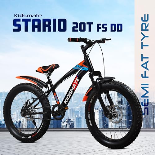Image of Kidsmate Stario Bike 20 x 300 Kids Cycle with Front Suspension | Dual Disc Brake | Ideal 7-10 Years 20T Fat Tyre Cycle - Matt Black