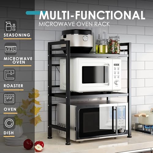 Image of HOME CUBE 2 Tier Microwave Oven Stand For Kitchen Expandable Microwave Oven Rack Otg Stand Kitchen Storage Shelf Spice Rack Toaster Grill Organizer Baker's Rack with 6 Hook (60x34.5x76 cm)