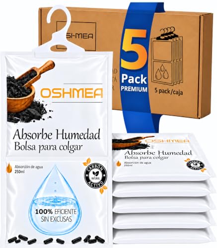 Bolsas Antihumedad Armarios PREMIUM con CARBÓN ACTIVADO - Deshumidificador Armario, Antihumedad para Armarios y Habitación, Elimina Moho y Malos Olores en la Ropa, Perchas Antihumedad - OSHMEA® Pack 5