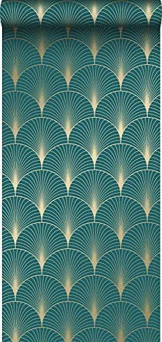 papier peint art déco bleu pétrole et or - 139230 - de ESTAhome