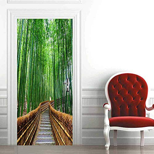 HSKABA Stickers Affiche Autocollante de Porte, 3D Intérieure Chambre Décoration Trompe l'oeil Sticker Muraux,Paysage de Bambou 77 x 200 cm,Déco Murale Qualité HD Cover