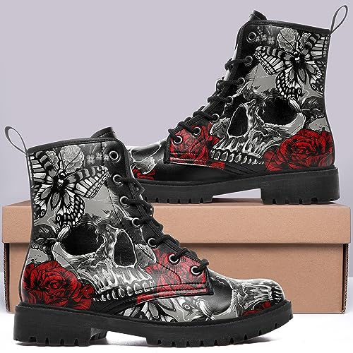 Image of Custom Black Combat Boots for Women Fashion Lace-Up Skull Rose Ankle Booties Chunky Heel Platform Leather Boots