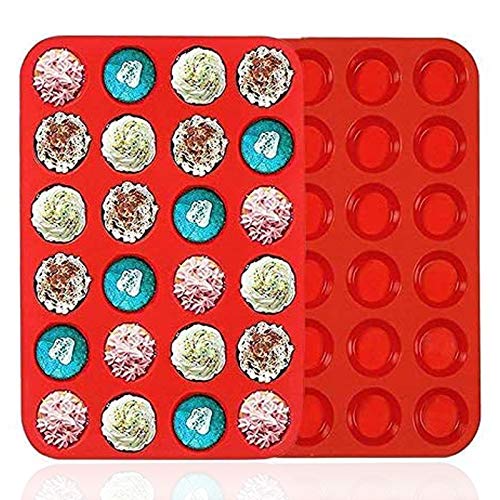 Premium Silicone Mini Muffin & Cupcake Baking Pan Large Non Stick 24 Cup Cookies Molds Bakeware Tin Soap Tray Mould By Meiso (Set Of 2) (Red) #TOP21