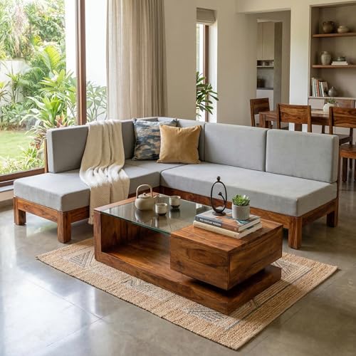 Image of Sheesham Wood Coffee Table with Drawer Storage Wooden Tea Table with Glass for Living Room Home Office Furniture Solid Wood Teapoy (Honey Finish)