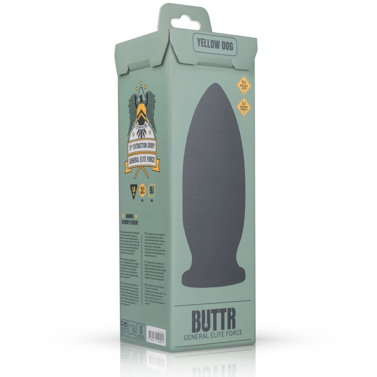 BUTTR Yellow Dog Buttplug (Ø 6.8-9.5 cm) Con un design proiettile stimolante e ventosa extra forte, grande presa anale XXL per l'utente esperto, liscia, flessibile, proiettile