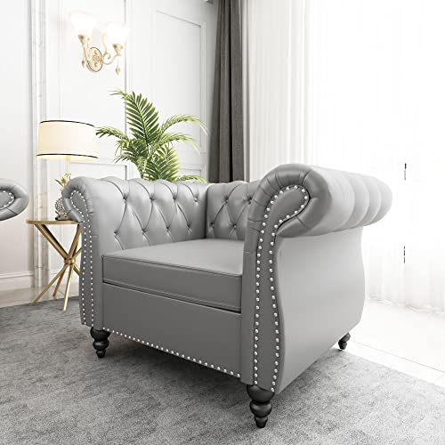 Image of ORRD Chesterfield Chair, Modern Leather Tufted Accent Sofa Couch Chair with Rolled Arms and Nailhead for Living Room, Bedroom, Office, Apartment (Grey)