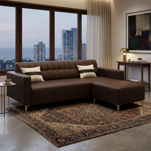 Image of SOCOZI Anton 4 Seater L Shape Sofa Set with Movable Ottoman | Flexible Left or Right Layout | Premium Leatherette with Golden Metal Legs |Sofa for Living Room (Brown Leatherette)