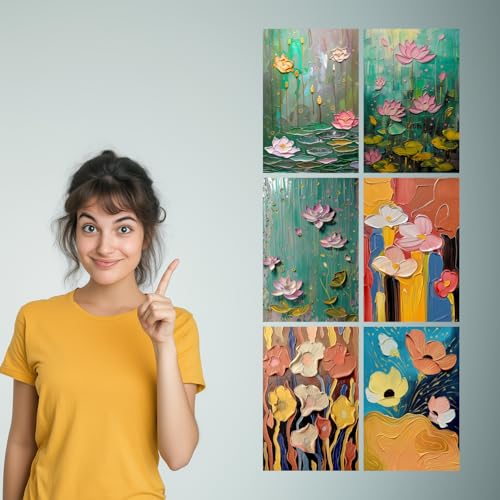 Image of SiddArtify Palette Knife Floral Art Prints Set - Teal Pink and Gold - 300GSM Board - 8x12 Inch - Pack of 6 Wall Room Decoration art Poster Prints