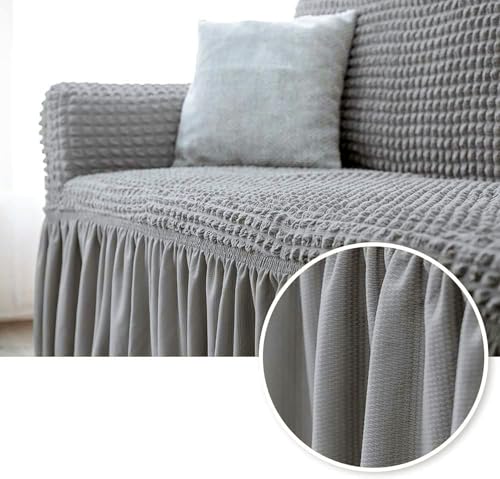 Image of House of Quirk Turkish Bubble Frill Five Seater 3 + 1 + 1 Sofa Slipcovers 280 GSM, Durable Washable Universal Triple Seater High Elastic Furniture Protector (Light Grey)