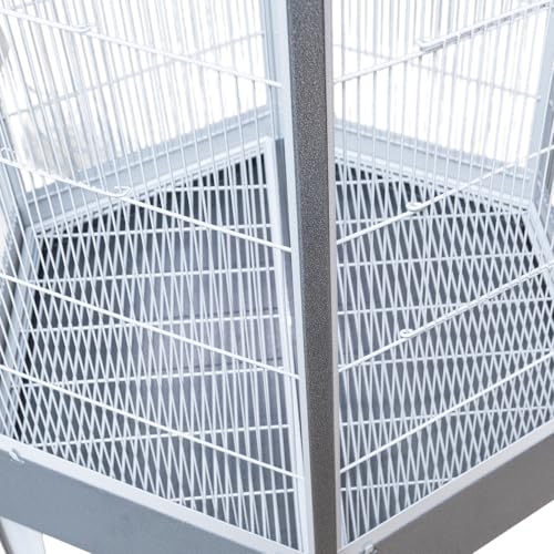 Montana Cages | Großer Vogelkäfig Villa Redondo, Vogelvoliere sechseckig Antik-Platinum für Sittiche und Papageien mit Rollen, Kotwanne und Zubehör