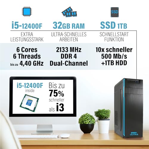 GREED® Intel Core 12th Gen - Ultra PC - Snelle computer voor kantoor - Computer met 4.4 GHZ - 32 GB RAM/geheugen - 1TB SSD + 1TB HDD - DVD - USB 3.0 - WLAN - incl. Windows 11 Pro - Afbeelding 4