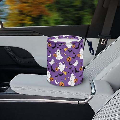 Image of Purple Ghost Bat Trash Can for Car Garbage Can for Back Seat Leak Proof with Adjustable Buttons Auto Accessories for Women Interior