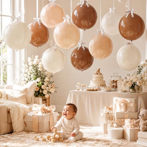Image of 9 Pcs Nude Cream Beige Round Foil Balloons Netural Boho 4D Ball Balloons 22 In Brown Tan Apricot Large Foil Balloons for Boho Birthday Wedding Anniversary Baby Shower Disco Party Backdrop Decor