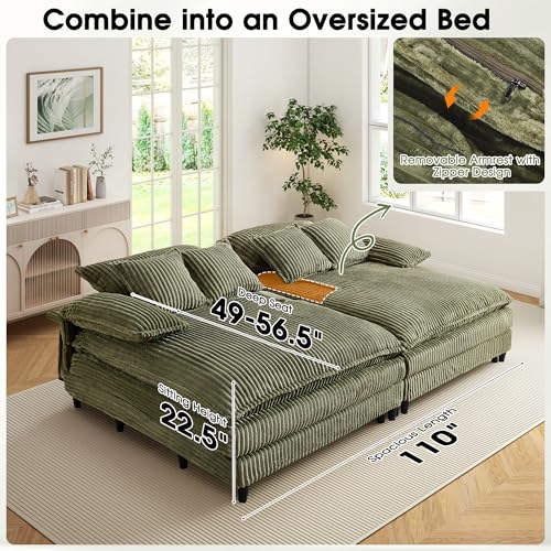 Image of WESTSETLUX 54.8 inch W Oversized Chaise Lounge Chair Indoor with 5-Position Adjustable Backrest, Corduroy Sleeper Sofa Bed with 3 Pillows, Modern Cloud Couch Chair for Living Room, Bedroom, Green
