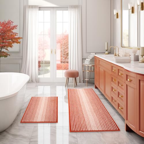 Bathroom Rugs and Mats Sets, 2 Piece Thick Absorbent Chenille Bath Mat Rug Set Non Slip, Soft Shaggy Bath Room Floor Mats for Bathroom, Machine Washable (Sunset Orange, 20" x 47" Plus 16" x 24")