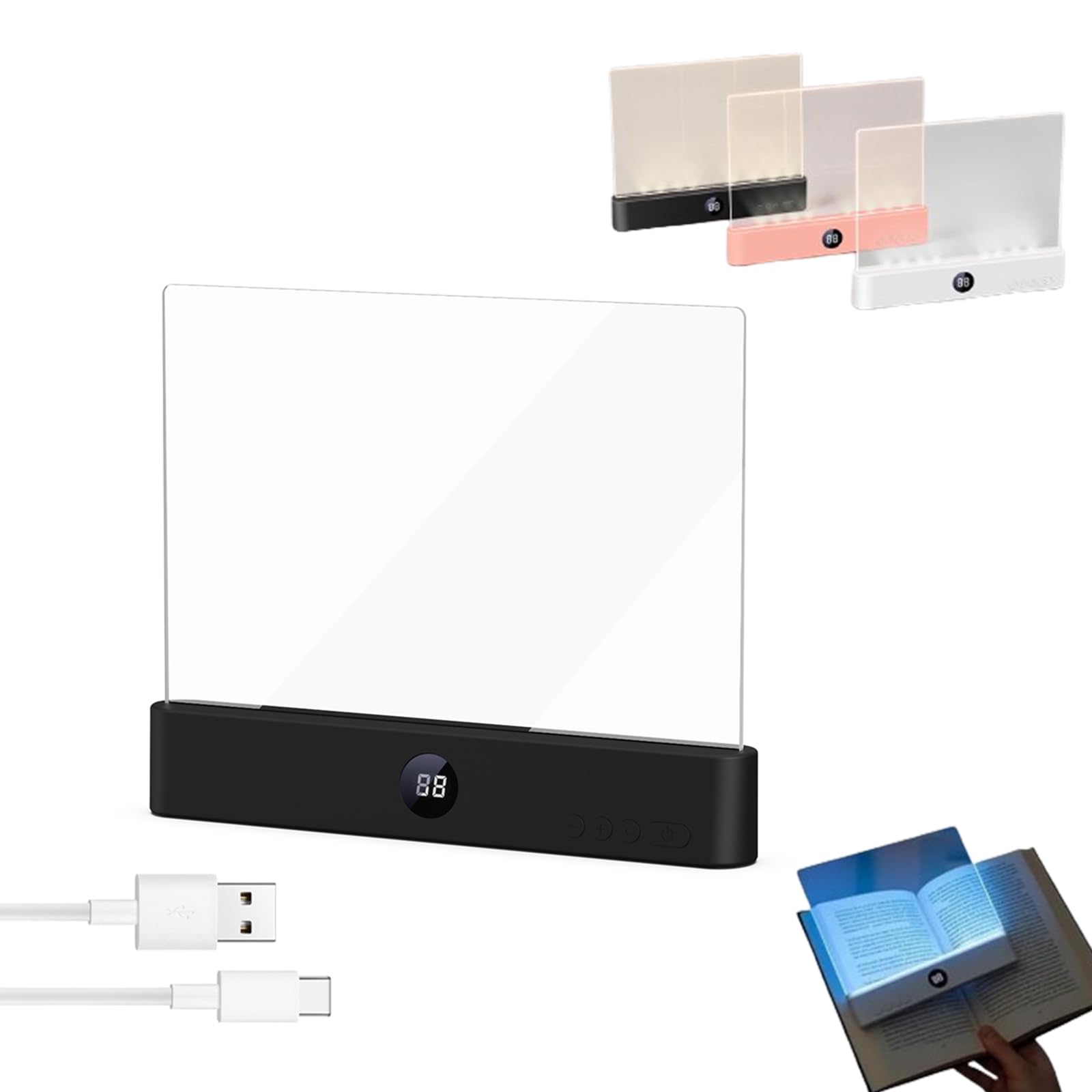 Luz LED para libros, lámpara de lectura plana recargable con temporizador, 3 modos de color, protección ocular para lectura nocturna