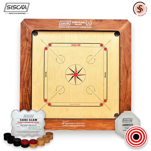 Image of Siscaa Bulldog Sureslam Carrom Board 29x29 Inch - Premium English Birch Ply - Includes Siscaa Sure Slam Coin, Genius Striker, Top Cover, 30gm Powder - Full Size 37 inch for Champions