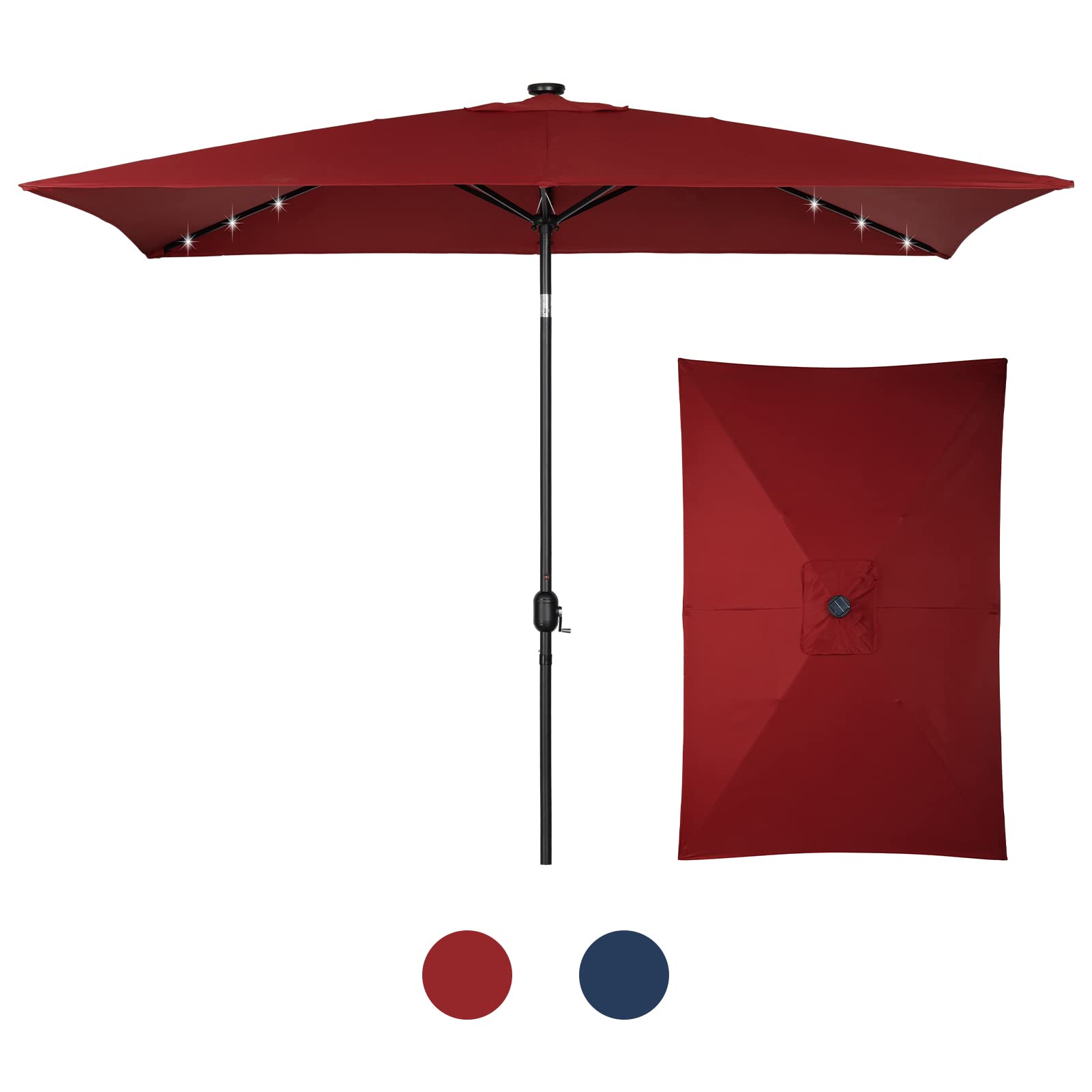 MATICO 6.6x10ft Square Outdoor Patio Umbrella with 20 Solar LED Lights, Button Tilt and Crank 4 Ribs Umbrella for Beach Deck Pool& Backyard, Red